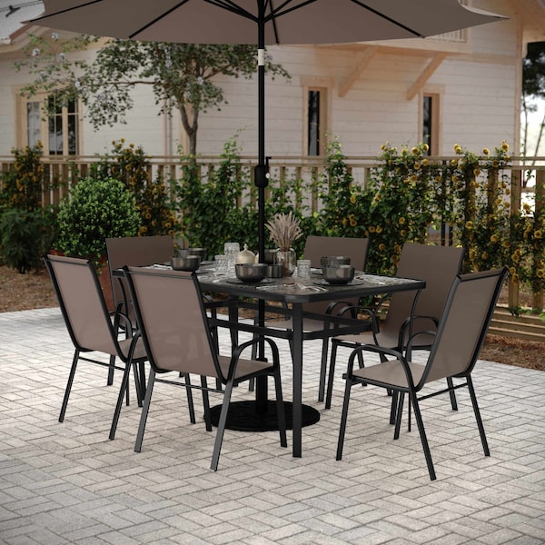 Flash Furniture Brazos 7 Pc Patio Dining Set w/Tempered Glass Patio Tbl and 6 Chairs w/Brown Flex Comfort Material TLH-94B-303CB-GG - main